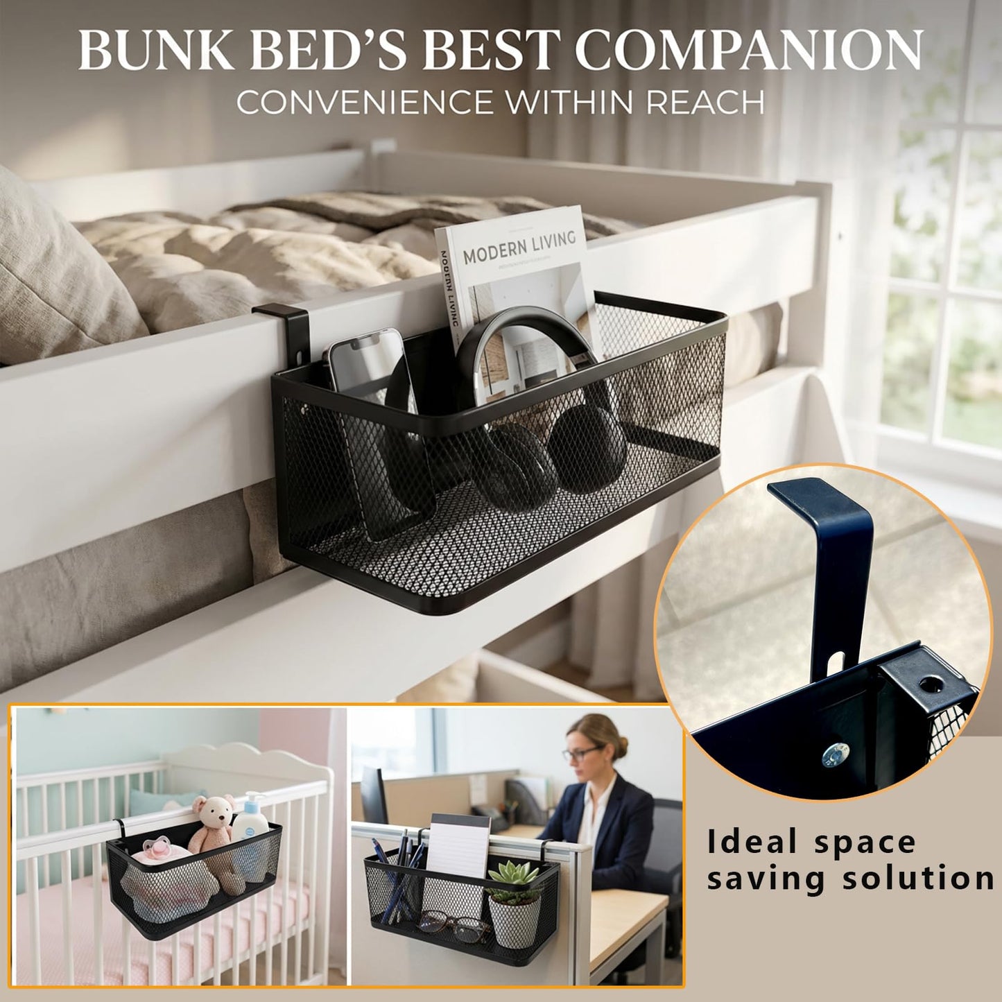 AZSRKRBM Bedside Caddy Shelf with Hook, Bed Shelf Organizer for Bunk Bed, Office Cubicle, Dorm Room, Holder for Phone, Snacks, Books (Black, 11*4.9*3.9 inch)