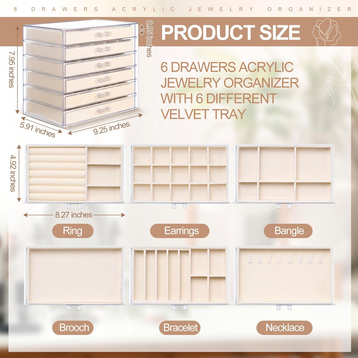 6 Drawer Clear Acrylic Jewelry Organizer with Velvet Lined Trays, Jewelry Box with Drawers for Earrings, Rings, Necklaces, Brooch, Bracelets, Watches, Stackable Storage Organizer for Women, Gift Ready