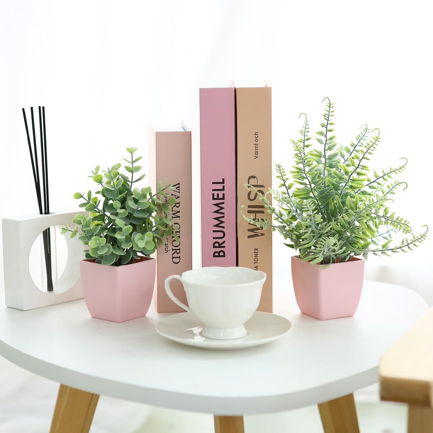 summer flower 2 Pack Small Fake Plants in Pink Pot Artificial Plant Eucalyptus Faux Potted Greenery Wheal Grass for Home Decor Indoor Bathroom Office Desk Shelf Bedroom Kitchen Cabinet Decorations
