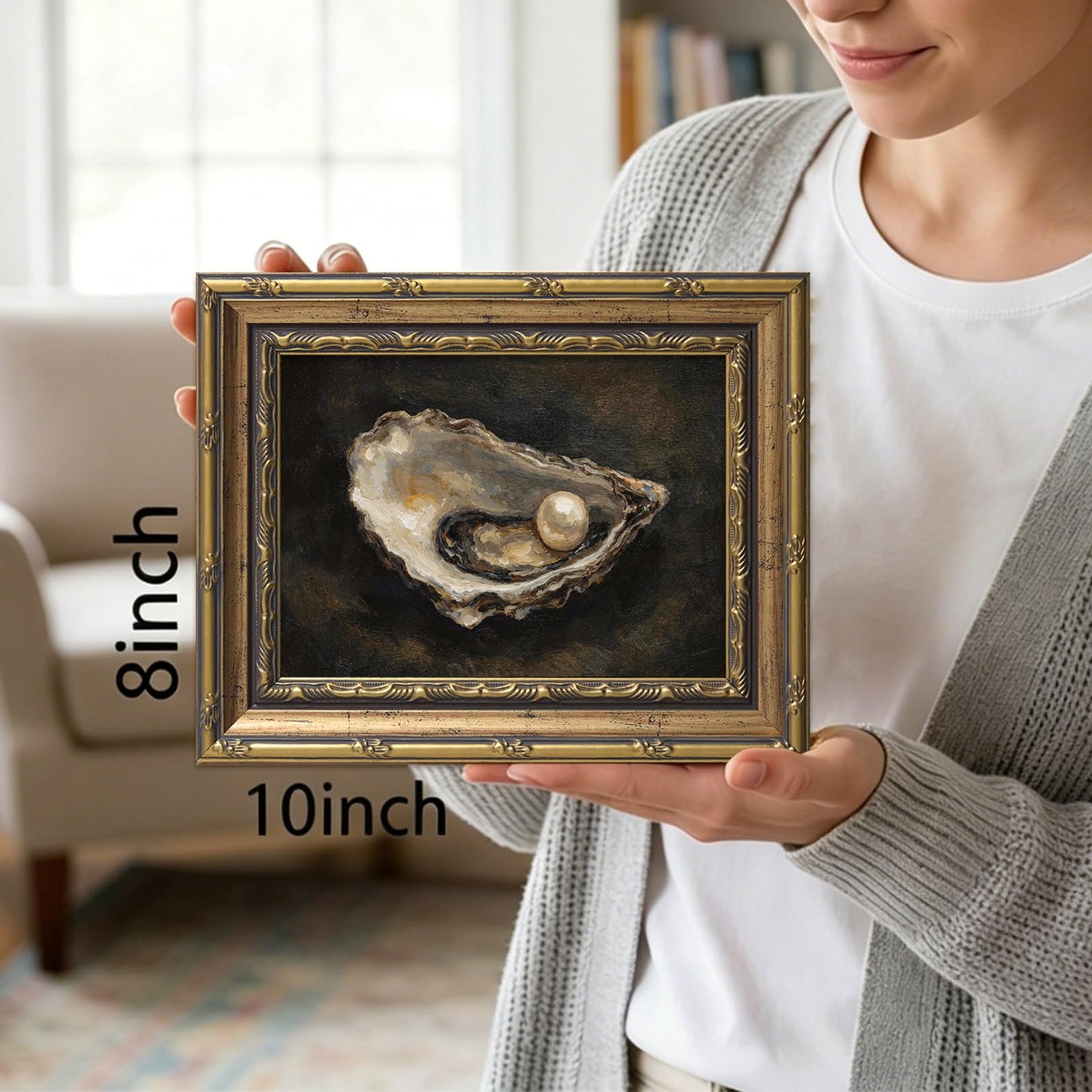 Gold Framed Wall Art Classical Pearl Oyster Painting for Kitchen Countertop Decor French Country Still Life Picture Ornate Framed Canvas Artwork for Dining Room 8x10 Inch