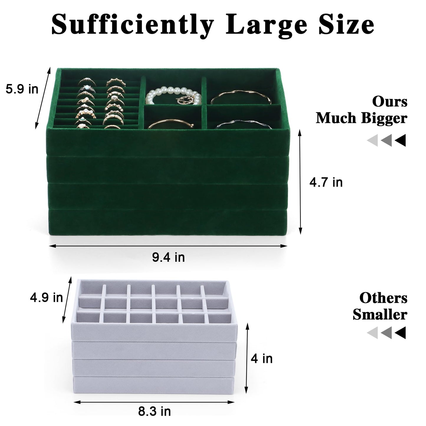 LISRUGEN Jewelry Drawer Organizer, Velvet Tray for Earring Necklace Storage, Stackable Inserts for Women, Green