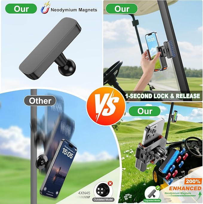 2-in-1 Golf Cart Phone Holder Mount[magnetic base&vise clamp] Compatible with All 4.5-7" Smartphones (iPhone/Galaxy/Google).Universal Fit for Golf Accessories,EZGO/Club Cars/Yamaha/Golf Cart