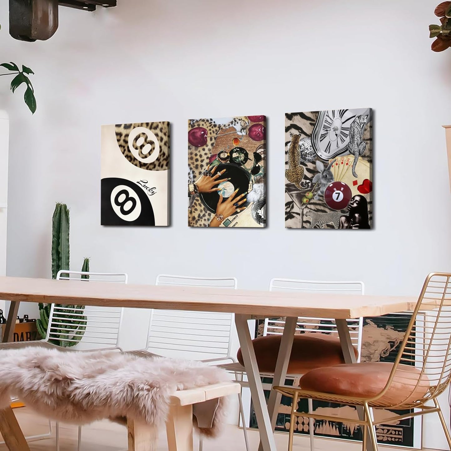 Fashion Cheetah Wall Art Set of 3 Leopard Wall Decor Pictures Lucky 8 Ball Poster Canvas Painting Prints Dark Red Cheetah Artwork for Bedroom Living Room Framed 12x16 inch