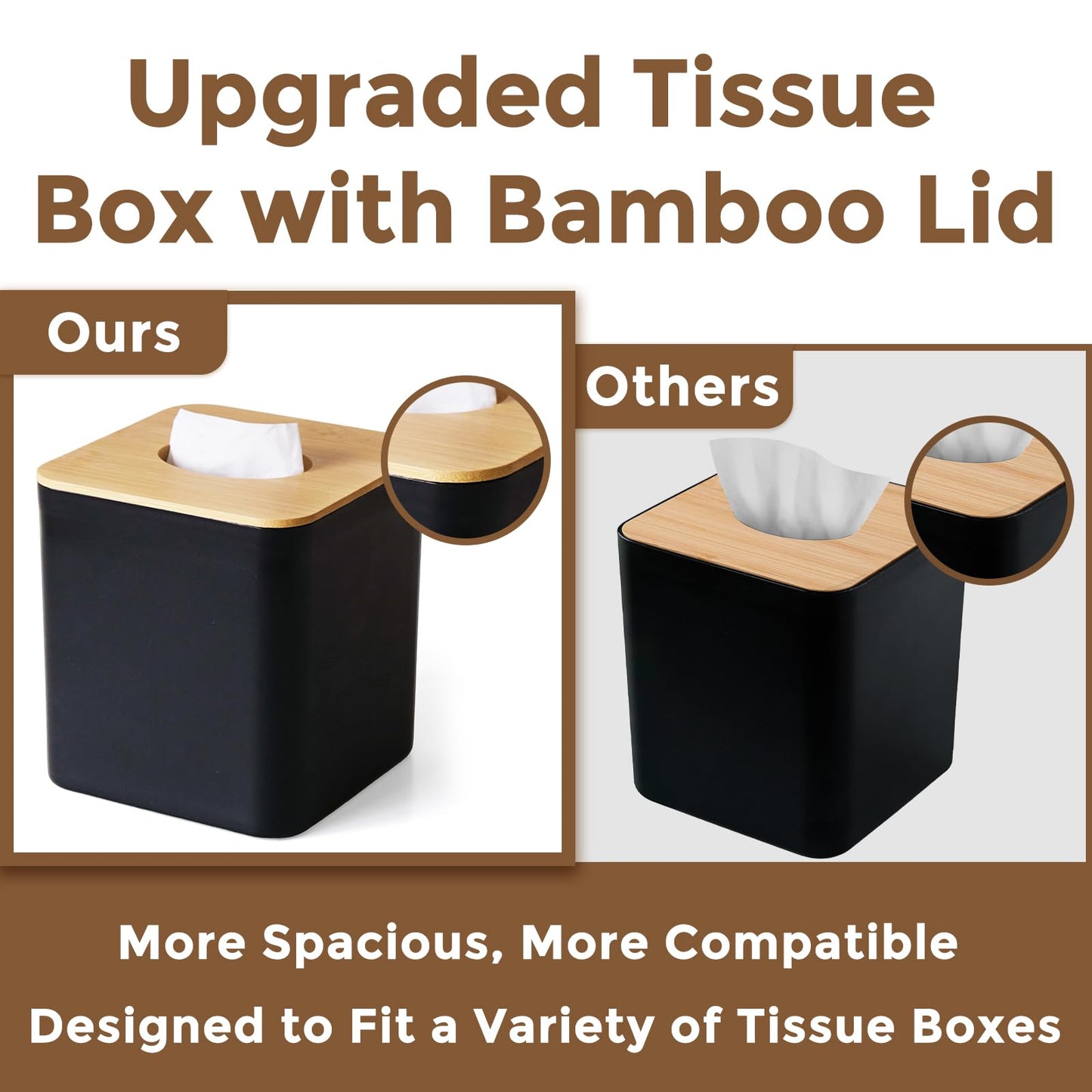 4 Pack Black Tissue Box Cover Square with Bamboo Cover Plate, Cube Modern Decorative Facial Tissue Cover Tissue Holders for Bathroom Bedroom Living Room Office