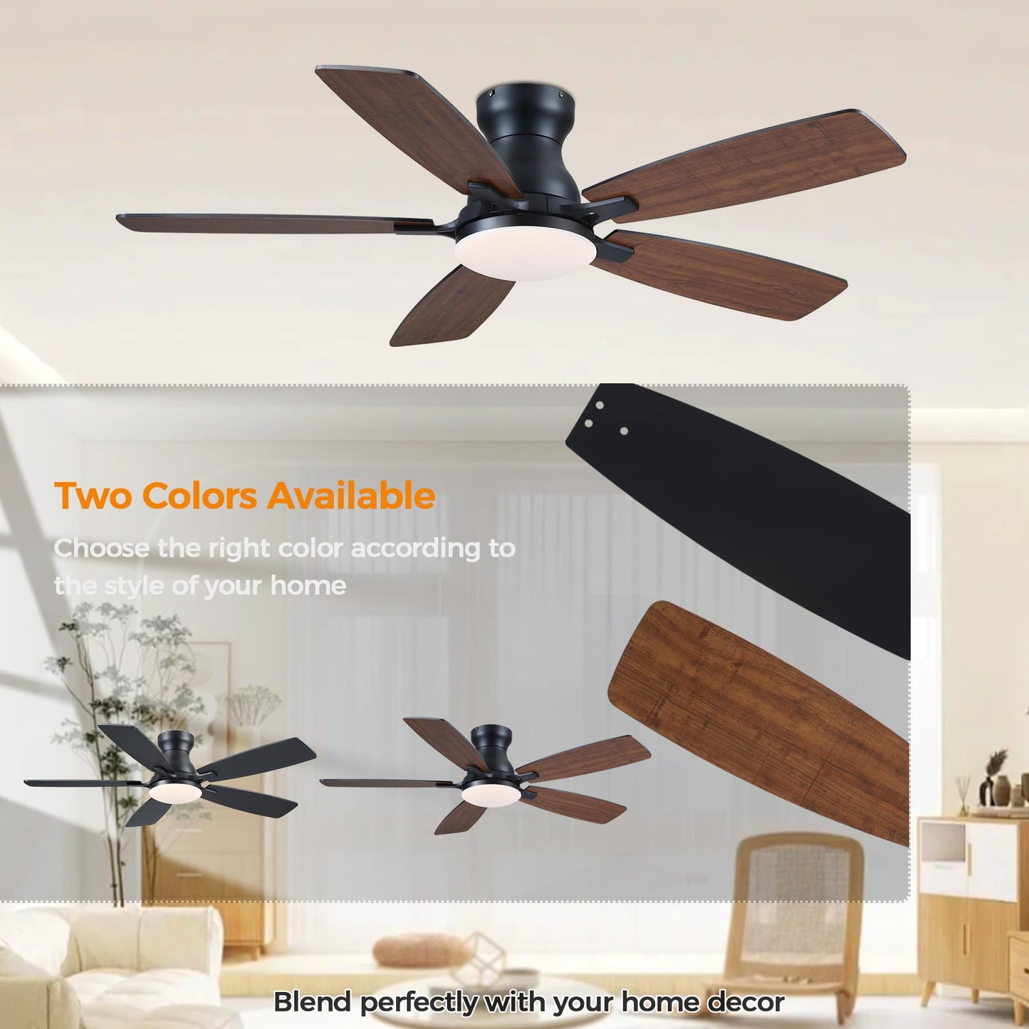 JSAITEE Ceiling Fan with Lights and Remote Control - 46In Flush Mount Ceiling Fan with 3CCT Dimmable, 6 Wind Speeds and Timing, Low Profile Fan for Modern Bedroom, Kitchen, Living Room