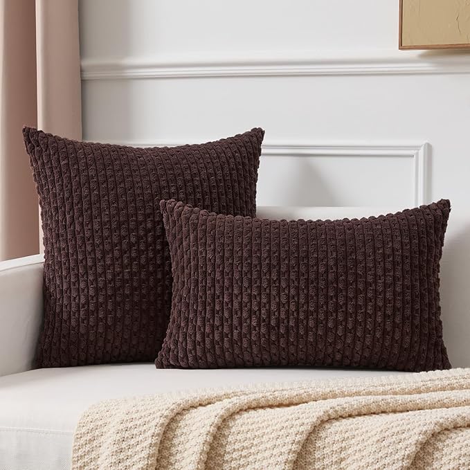 Kevin Textile Decorative Pillow Covers Set of 2 Striped Plush Corduroy Pillows Pillowcases Boho Home Decor Cushion Covers for Couch Sofa Bed Living Room 16x16 Inch, Coffee