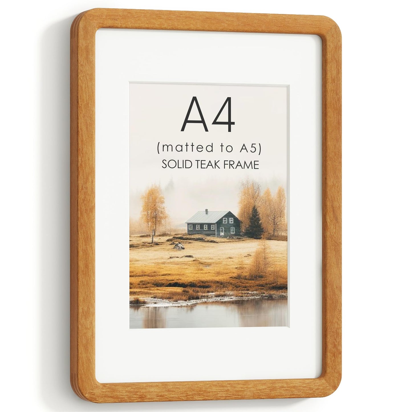 A4 Picture Frame, USA-Sourced Teak Wood Certificated Frame with Chamfered Edge & Double-Dowel Corner, Handcrafted A4 Wooden Frame Matted to A5 with HD Tempered Glass for Wall and Tabletop
