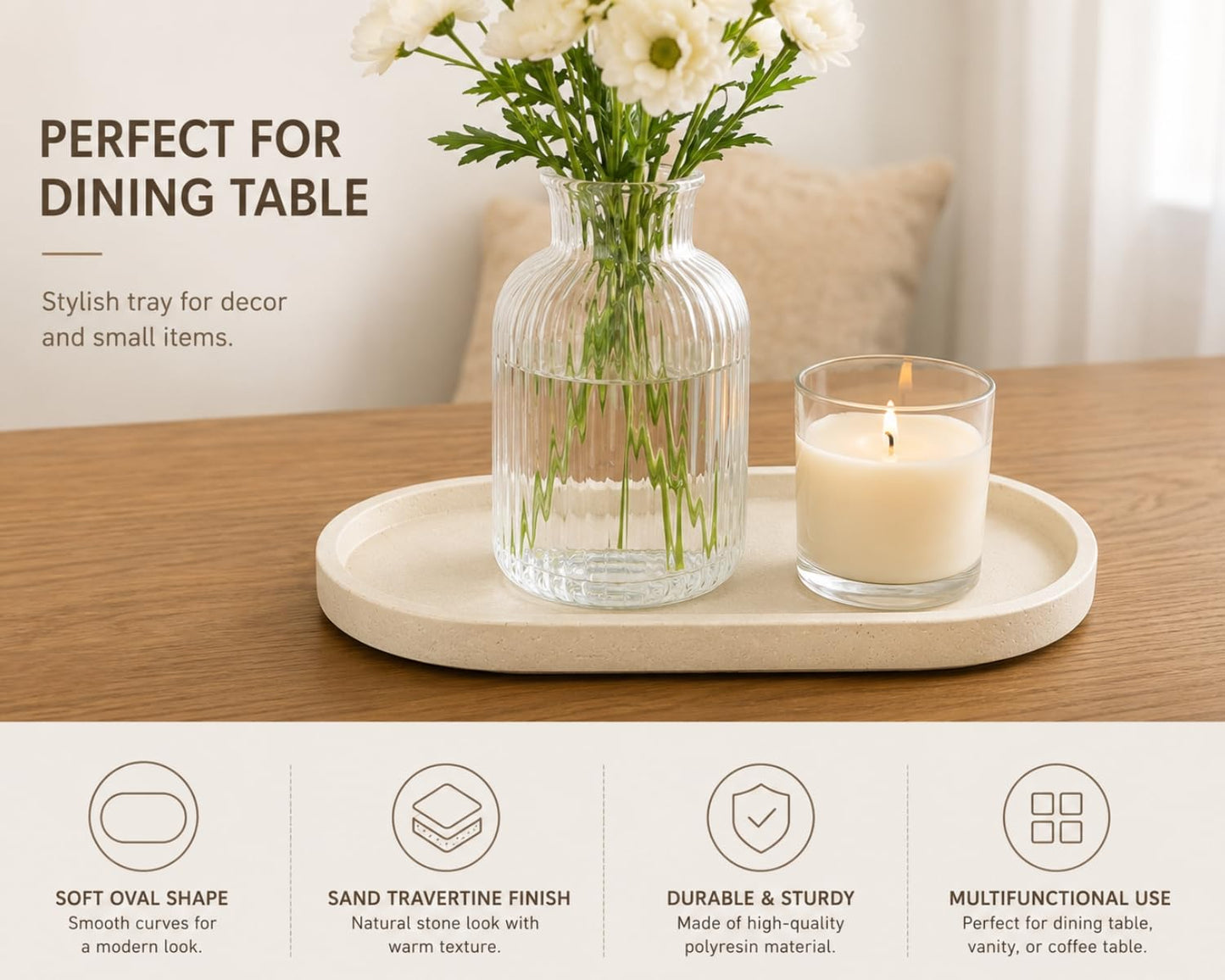 Clasin Home Vanity Tray for Bathroom Counter, Beige Travertine-Look Decorative Tray for Perfume Jewelry Candle, Non-Slip Decor Organizer for Kitchen Countertop, Dresser, Coffee Table (11 x 4.9 Inch)