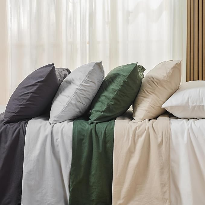 MEISHANG 100% French Pure Linen Sheets California King - Bed Sheets 4 Piece Sets, Soft Durable Flax Linen, Anti-Tear Breathable Oeko-Tex Certified with 16" Deep Pocket (White)
