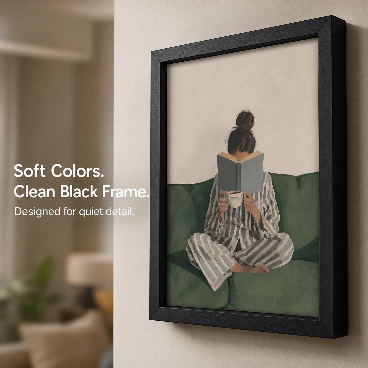 Framed Trendy Women Reading Book Wall Art Quiet Moment on The Sofa Art Prints Green Striped Painting Picture Modern Women's Minimalist Pictures Artwork for Living Room Bedroom Home office Wall Decor