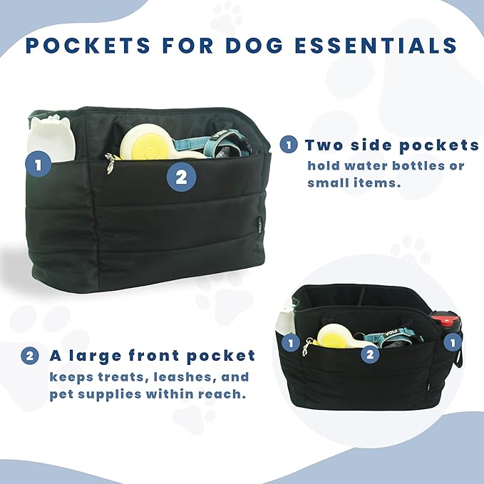 STRAODTIC Lightweight Dog Purse Carrier for Small Dogs Under 15 lbs, Puffy Quilted Pet Carrier Tote for Puppies with Safety Leash Clip, Women's Hands-Free Dog Carrier Bag for Travel/Shopping (Black)