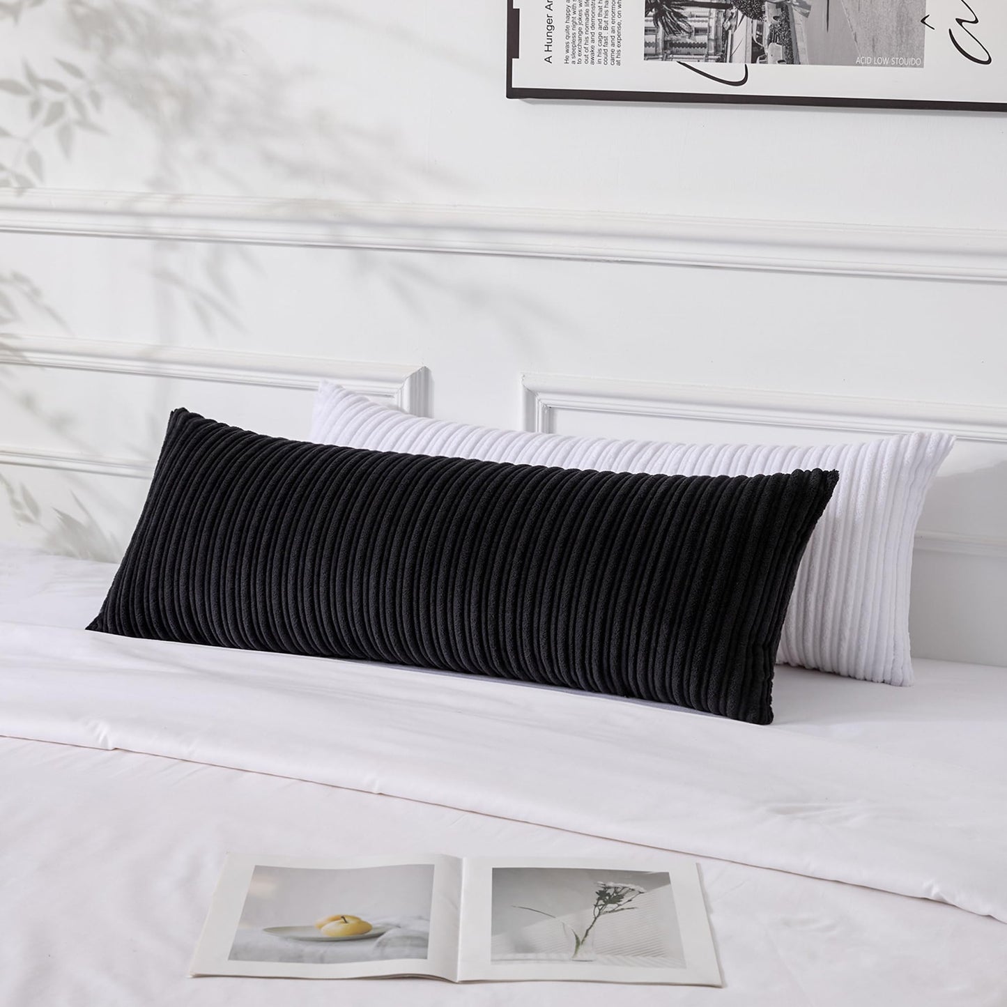 UGASA 14x36 Inch Pillow Cover Pack of 1 Soft Boho Stripe Corduroy Large Long Rectangular Lumbar Cushion Cover Farmhouse Decorative Throw Pillowcase for Bed, Couch, Sofa, Bedroom, Living Room, Black