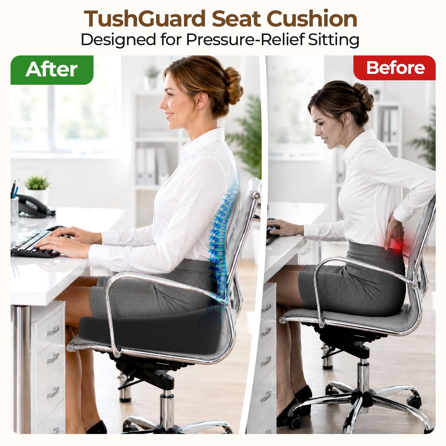 TushGuard Ergonomic Donut Pillow Seat Cushion with Raised Rear Support, Large Memory Foam Lifting Cushions for Tailbone, Hemorrhoids & Sciatica Relief, Office Chair, Car, Travel, Postpartum, Black