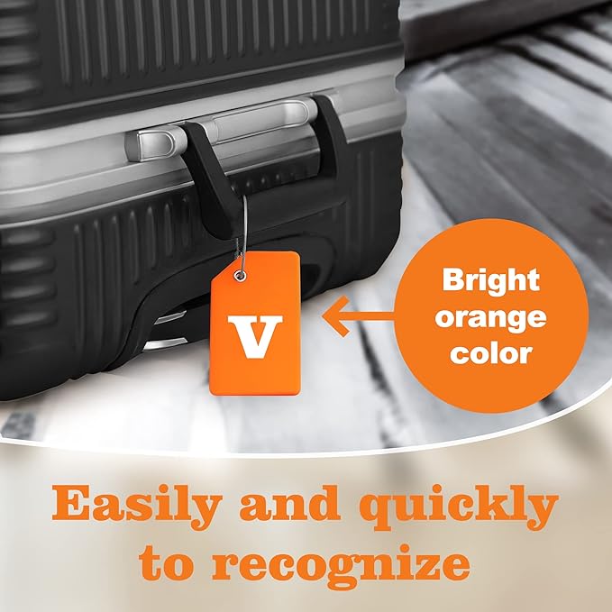 Gostwo 2 Pack Silicone Luggage Tags for Suitcases, 26 Initial Letter Baggage Labels Handbag School Bag Suitcase Instrument Tag with Stainless Steel Loop(Orange)(Letter V)