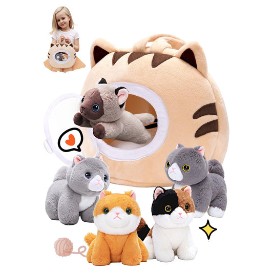 OUOZZZ Cat Stuffed Animal House with 5 Soft Cat Toys for Kids, Portable Gift Set