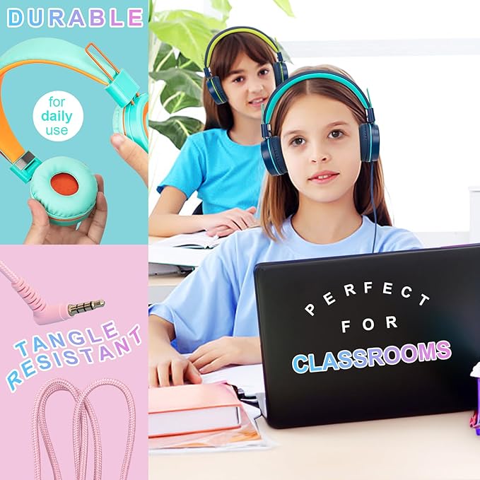 CN-Outlet 10 Pack Classroom Headphones Bulk for K-12 School Kids, Class Set Headphones for Students Teens Library Computer Testing Centers (Mixed Color with Microphone)