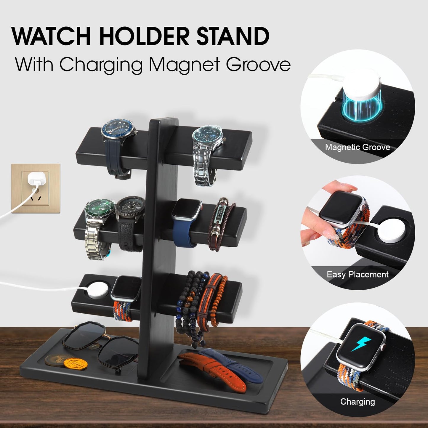 Xnwouco Watch Stand for Men, Watch Display Stand with Charger Groove, Wooden Watch Holder Stand, Jewelry Holder Organizer for Rings, Jewelry, Coins Bracelets, Great Gifts for Men Women, Black