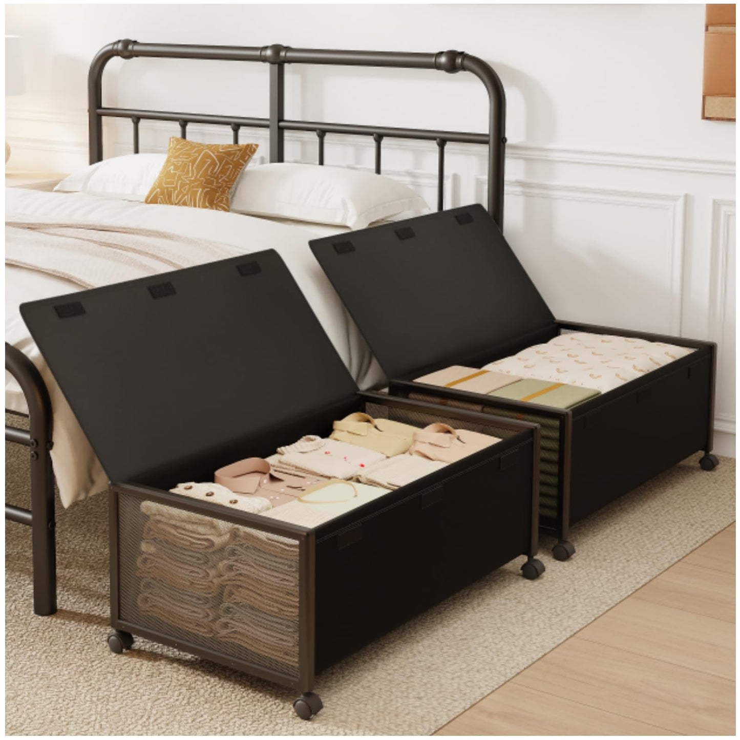 2 Pack Under the Bed Storage Containers,12 inch Height Under Bed Shoe Storage,31inch Long Underbed Storage with Wheels,Large Rolling under bed Clothes Storage Drawers with Lid for Dorm Tall,Black