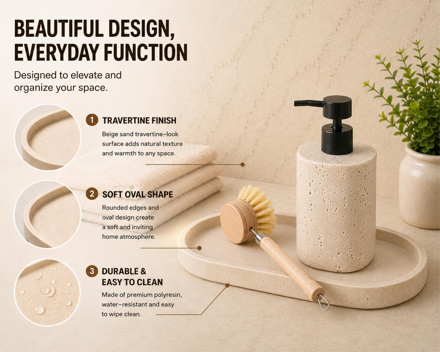 Clasin Home Vanity Tray for Bathroom Counter, Beige Travertine-Look Decorative Tray for Perfume Jewelry Candle, Non-Slip Decor Organizer for Kitchen Countertop, Dresser, Coffee Table (11 x 4.9 Inch)