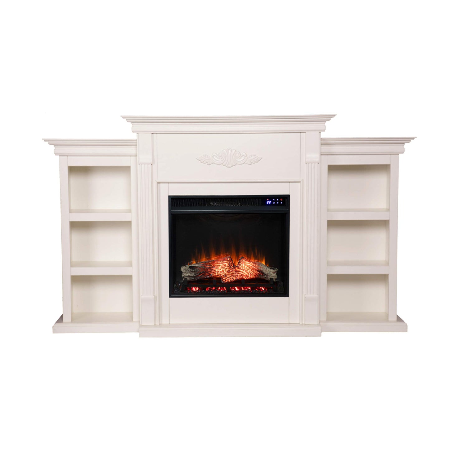 SEI Furniture - Tennyson Touch Screen Electric Fireplace with Book Shelves - Ivory - Transitional Design, Ivory Glass and Wood - Ideal for Living Room, Bedroom (FR8544)