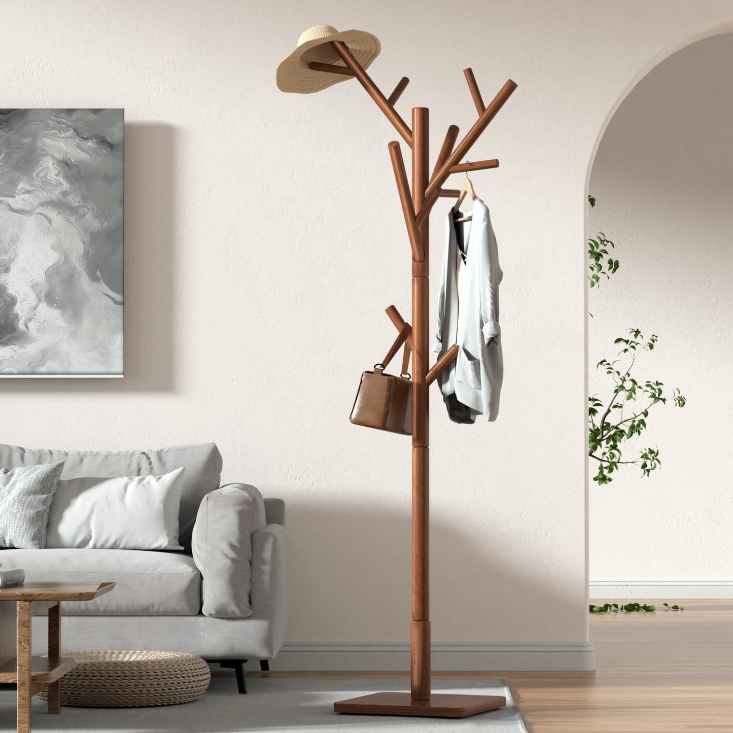 Olpchee Solid Wood Coat Rack - Freestanding Coat Hat Rack Stand with 14 Hooks, Clothes Rack Heavy Duty Space Saving Entryway Coat Tree Hanger Rack for Coats Jackets Hats Bags, Adjustable Height