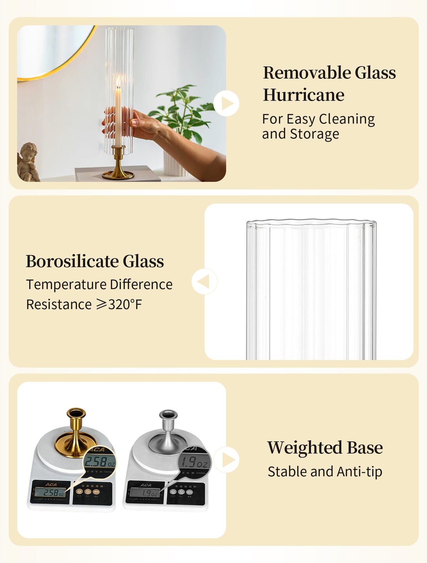 Romadedi Hurricane Glass Candle Holder: Set of 10 Gold Taper Candle Sticks Holder with Ribbed Cylinder Cover & Weighted Base for Table Centerpiece Wedding Christmas Party Outdoor