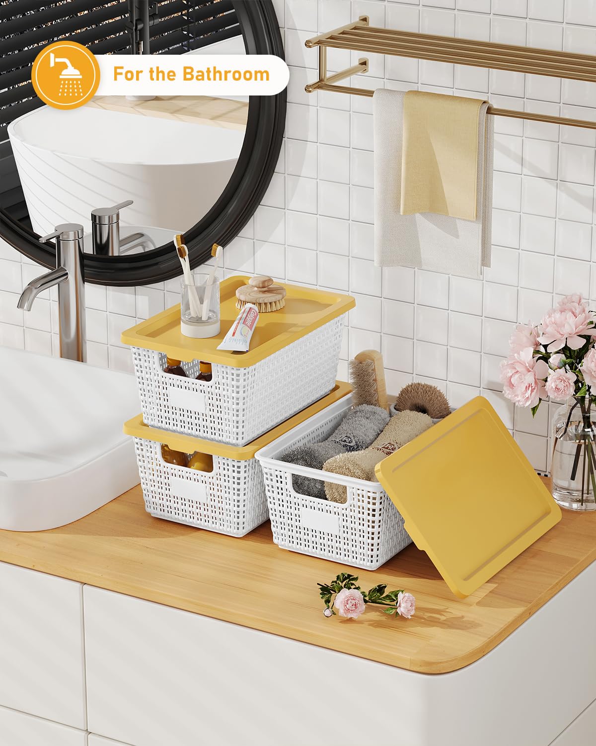 EOENVIVS Storage Bins Bakets with Lids 6 Pack, Stackable Organizer Bins for Small Spaces, Pantry, Closet & Bathroom, Secure Snap Lids, 11x7x5 Plastic Storage Containers for Shelf Organization, White
