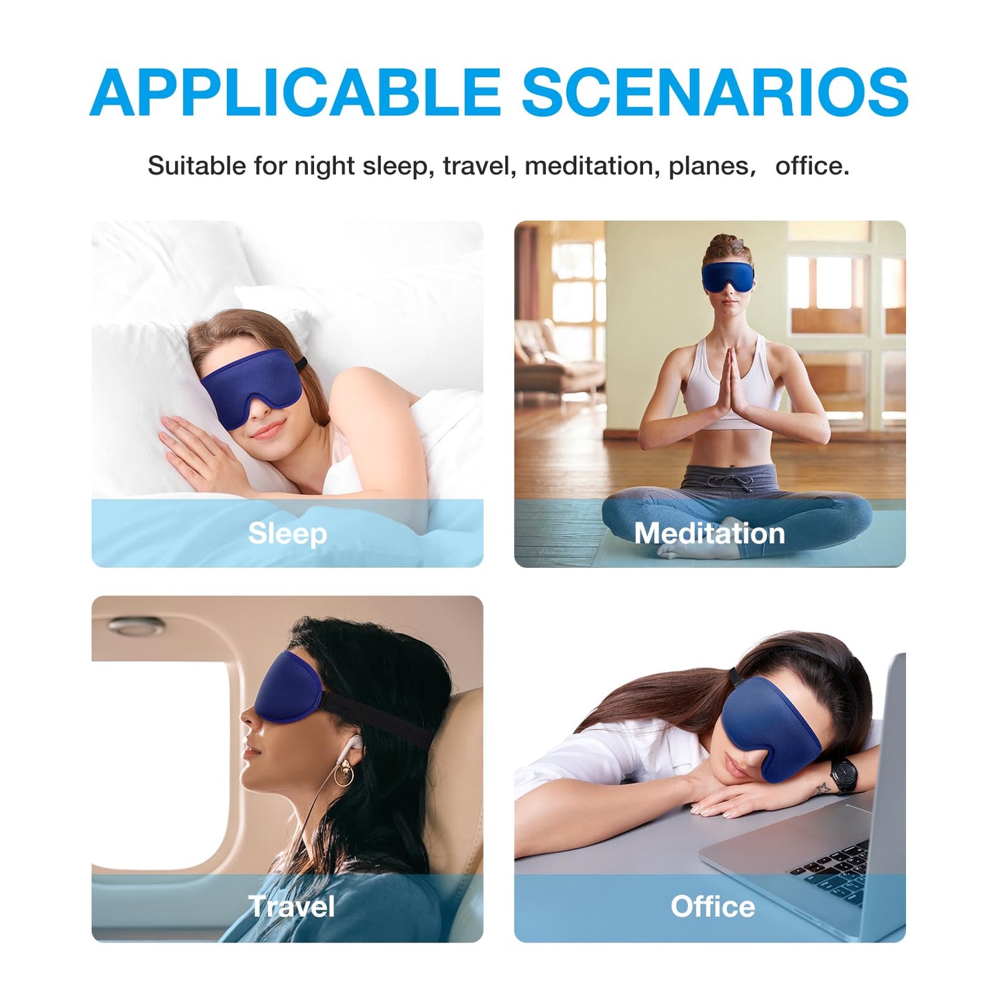 LYSIAN 3D Sleep Mask for Side Sleepers, Blackout Eye Mask with No Pressure on Eyes, Adjustable Comfortable Blindfold with 5 Pairs of Ear Plugs for Sleeping, Travel, Nap, Blue