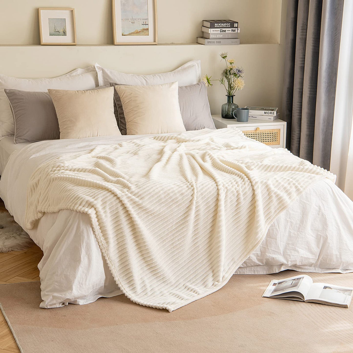 MIULEE Pack of 2, Corduroy Soft Soild Decorative Square Throw Pillow Covers Set Cushion Cases Pillowcases for Sofa Car 18 x 18 Inch Cream White Bundle Cream White Fleece Blanket 50x60 inch
