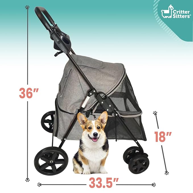 Critter Sitters Grey Foldable Pet Stroller for Small Dogs/Cats with Breathable Scratch Resistant Mesh Windows, Cup Holders, Storage Pockets, Lockable Wheels, Safety Leash, Animal Stroller