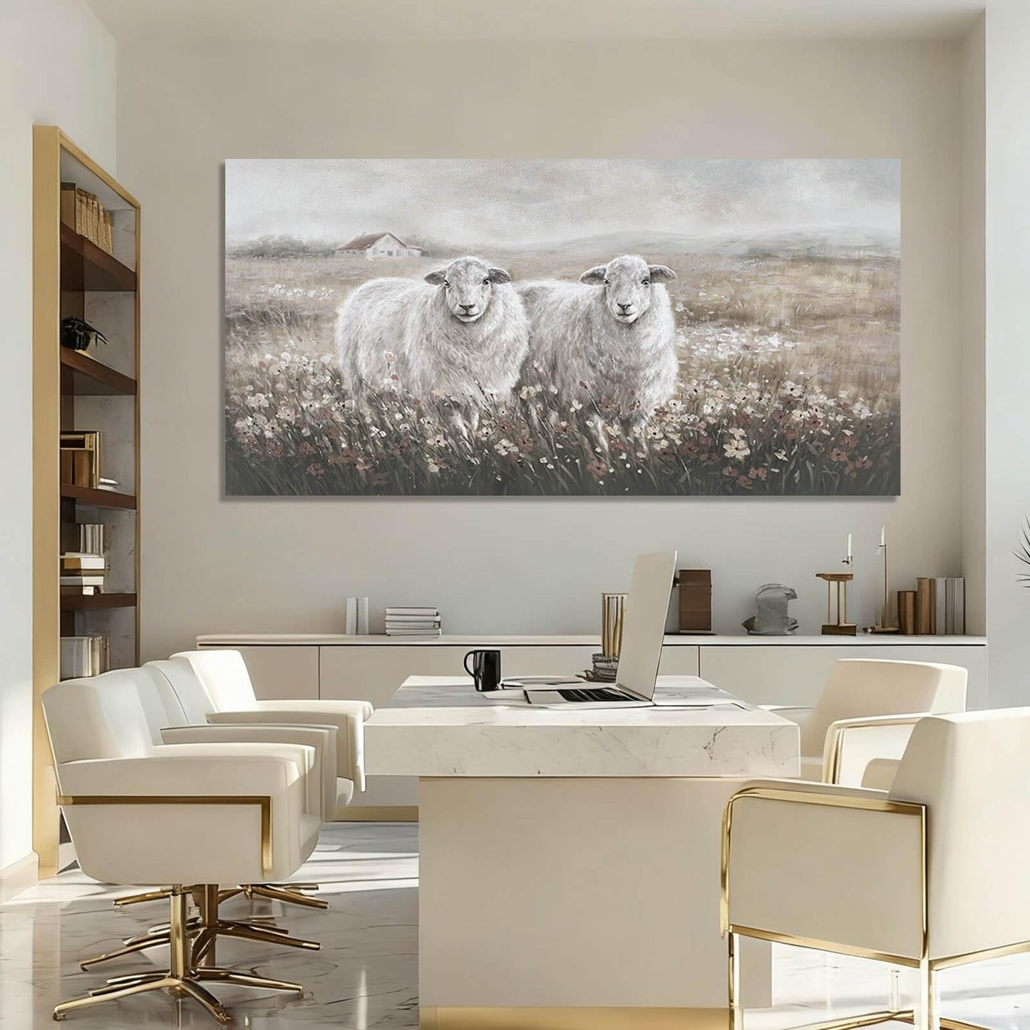 YETHEN WAL Large Sheep Pair Wall Art, Wildflower Field Landscape Canvas Print, Rustic Modern Farmhouse Wall Decor for Living Room Dining Room, Above Sofa, 24x48 Inch