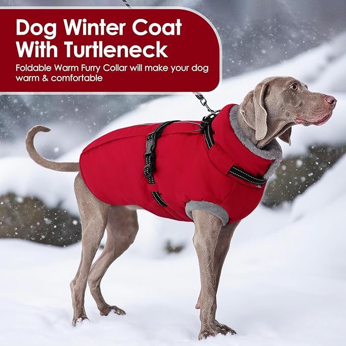 AOFITEE Dog Coat, Warm Dog Winter Coat with Harness Built in, Waterproof Pet Snow Jacket with Zipper on Back, Fleece Pet Sweater Outdoor Puffer Jacket Snowsuit for Extra Large Dogs, Christmas Red XXL