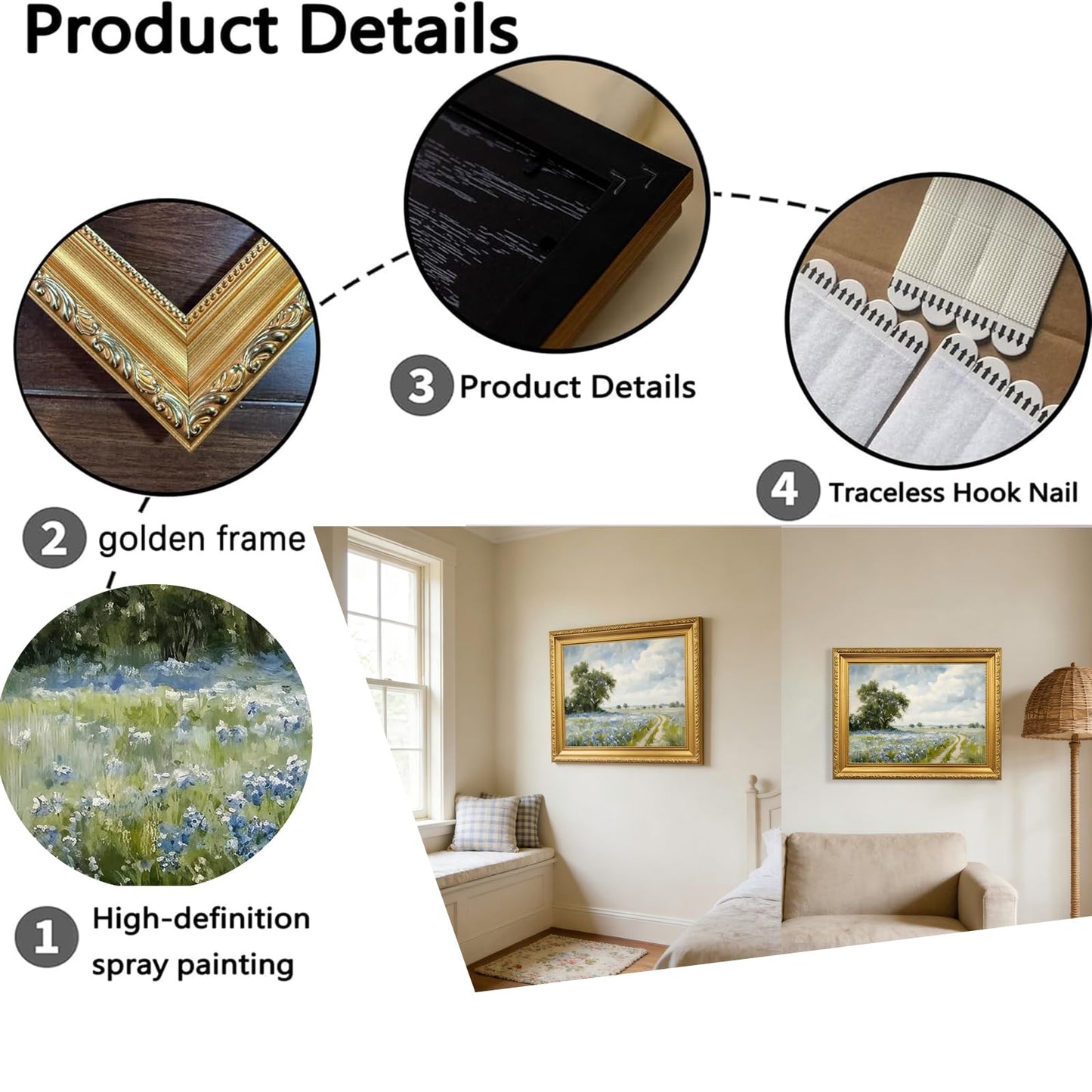 Gold Framed Canvas Wall Art Country Landscape Wildflower Field Wall Decor Paintings Rustic Nature Pictures Prints Home Decor for Living Room Bedroom Bathroom Farmhouse Thoughtful gift 12x16 in