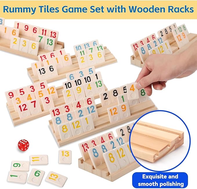 Deluxe Rummy Cube Game Set 6-8 Players with 8 Wooden Racks and 240 Melamine Rummy Tiles, Travel Family Board Game for Adults and Kids Age 8+,Birthday Gifts for Women Men Dad Mom