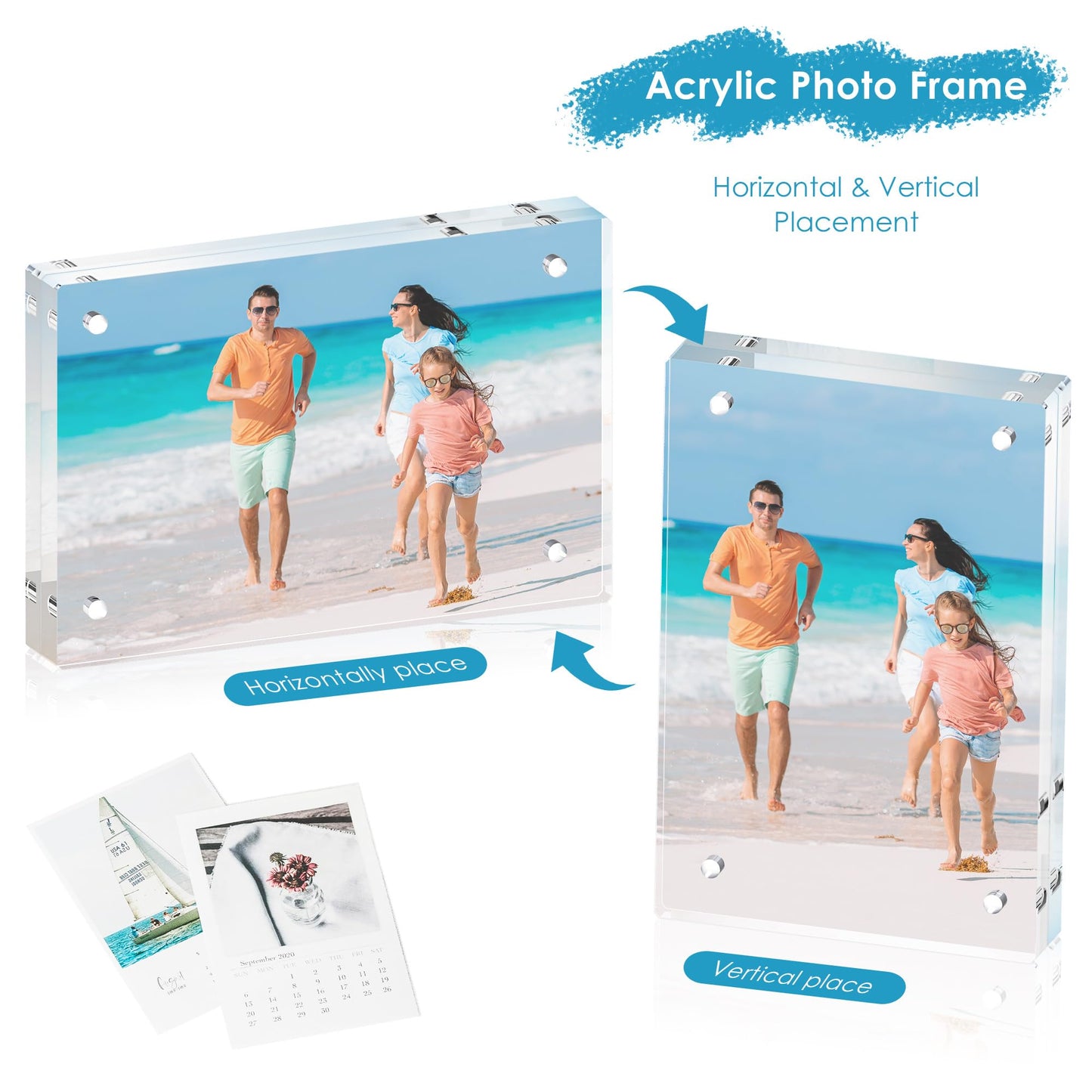 Fisnish 5x7 Acrylic Picture Frame Set of 3, 20mm Thick, Double-Sided Transparent Magnetic Frameless Photo Frame, Desktop Freestanding Display for Office or Home Decor