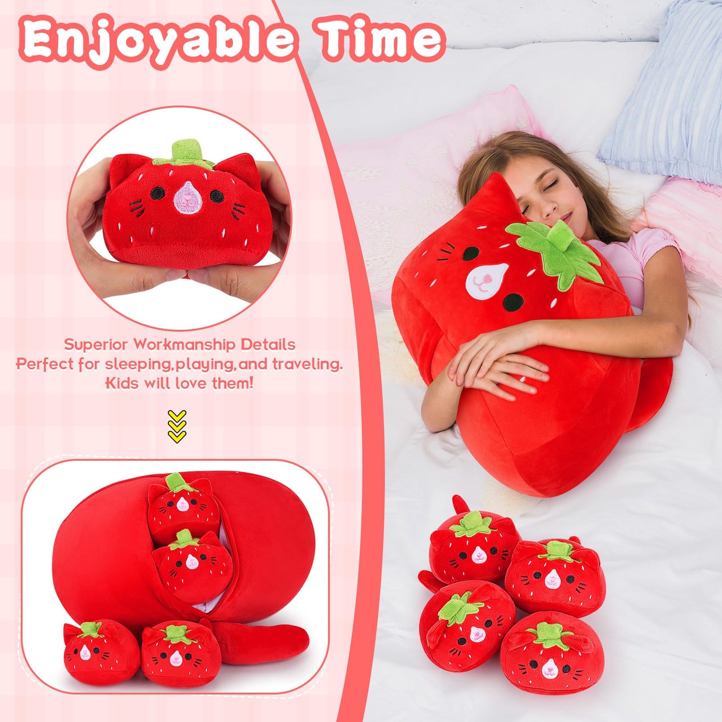 5 PCS Strawberry Cat Plush Stuffed Animal Family-19" Soft Strawberry Cat Plush, Large Mommy Plushies with 4 Baby Kittens Plushies, Kawaii Plushie Toy Christmas Birthday Gifts for Kids Boys