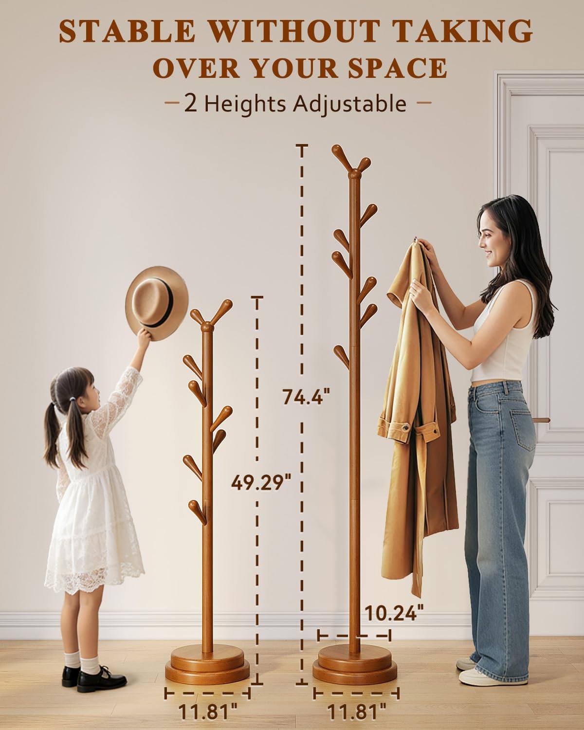 Freestanding Coat Rack, Solid Wood Coat Tree with 8 Smooth Rounded Hooks, Adjustable Height Heavy Duty Coat Rack with Dual-Layer Base, Holds Coats Hats Bags for Entryway, Bedroom, Living Room