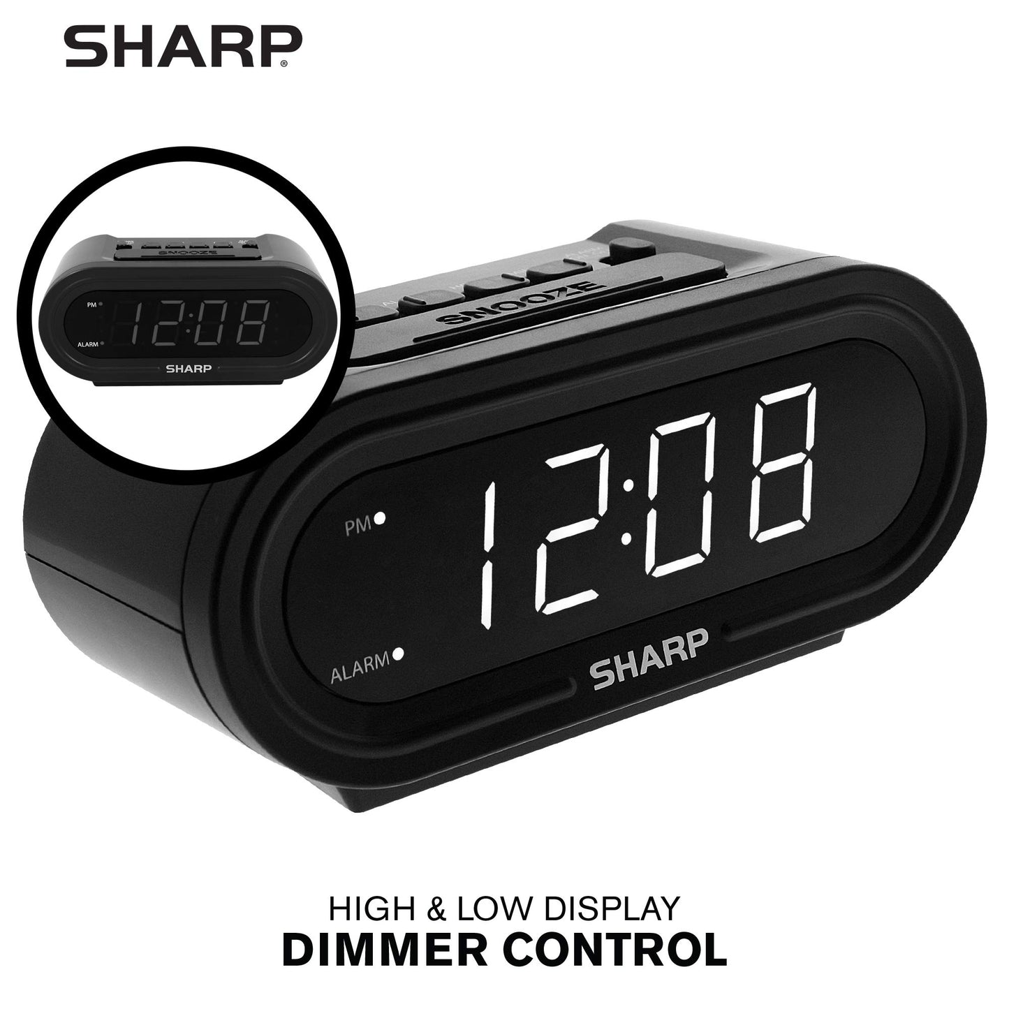 Sharp Digital Alarm with AccuSet - Automatic Smart Clock, Never Needs Setting (Midnight Black-White LED)