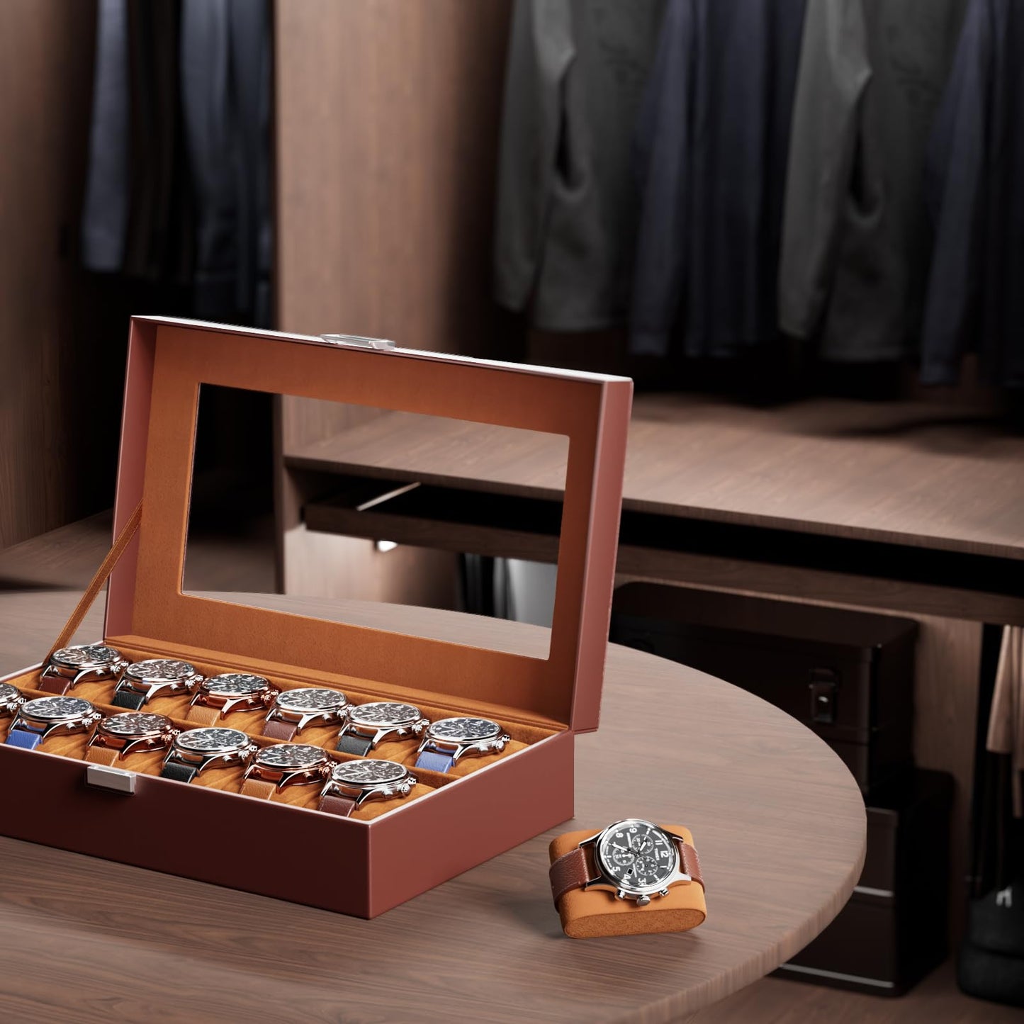 ProCase Watch Box Organizer, Fathers Day Gift for Dad, 12 Slot Watch Display Case With Glass Lid, Watch Storage Holder Mens Watch Case, Anniversary Birthday Gifts -12 Slot, Brown