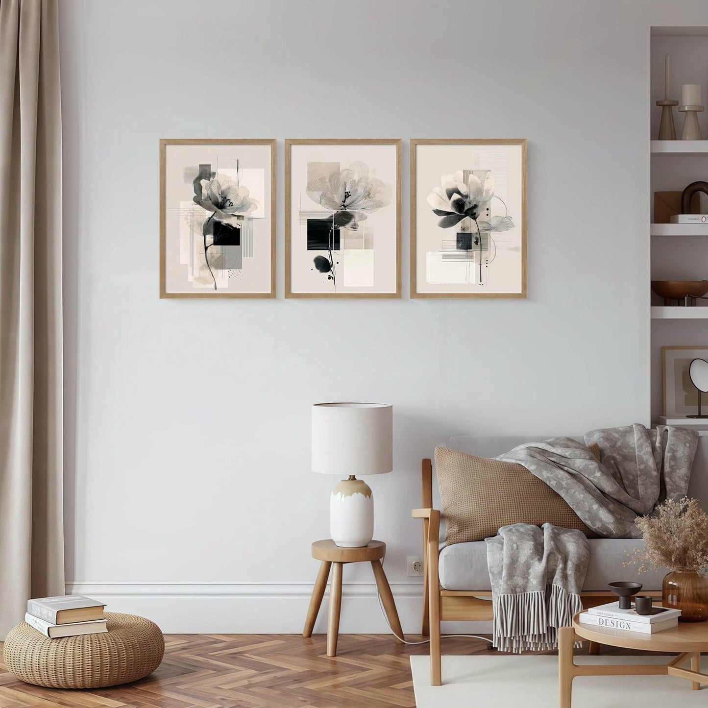 3Pcs Framed Black and White Flower Abstract Wall Art Modern Neutral Canvas Prints Posters Pictures Gallery Wall Decor Living Room Bedroom Office Apartment 12X16 Inch Ready to Hang