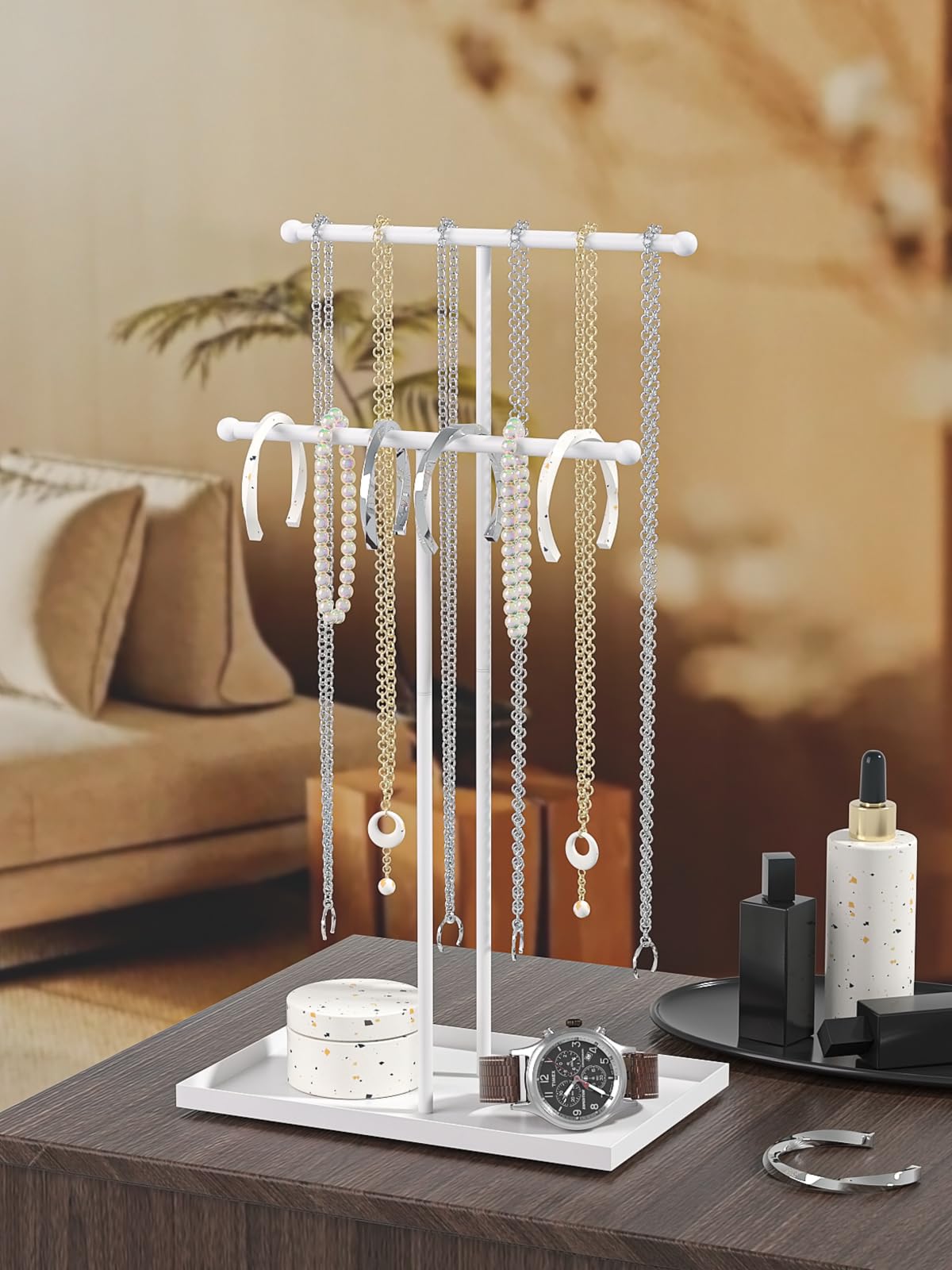 Ausalivan Necklace Organizers Holder,Jewelry Organizers and Displays for Women, Men, and Suppliers Small, Long, and 2 Tier Tall Necklace Stand, with Bracelet and Jewelry Storage Tray (White)