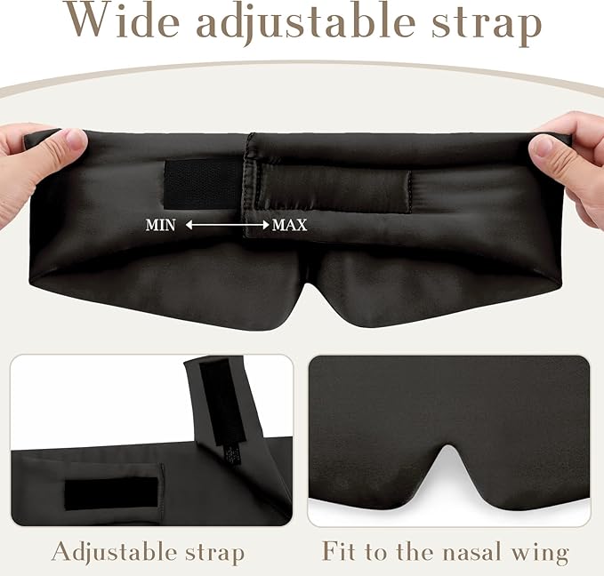 100% Mulberry Silk Sleep Mask Eye Mask for Women Man with Adjustable Band, for Side Sleeper Blackout Sleep Mask for Travel Rest and Office Large Size (Black)