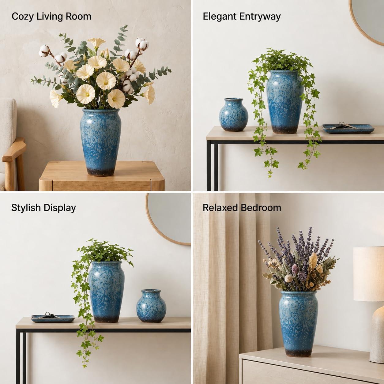 WildCorner Set of 2 8 Inch Ceramic Plant Pots with Drainage Holes, Reactive Glaze Planters for Indoor Plants, Decorative Flower Pots for Covered Outdoor Patio, Boho Housewarming Gift, Blue