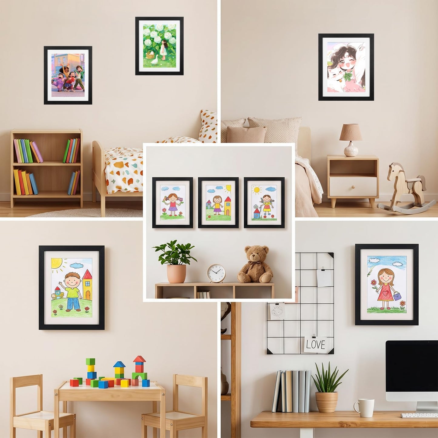 Ziouabaf 4 Pack Artwork Frames Changeable 8.5x11 Inch Front Opening Display Frame for Projects, Black Wood Frame Holds 150 Drawings, 3D Crafts, with 12 Hooks