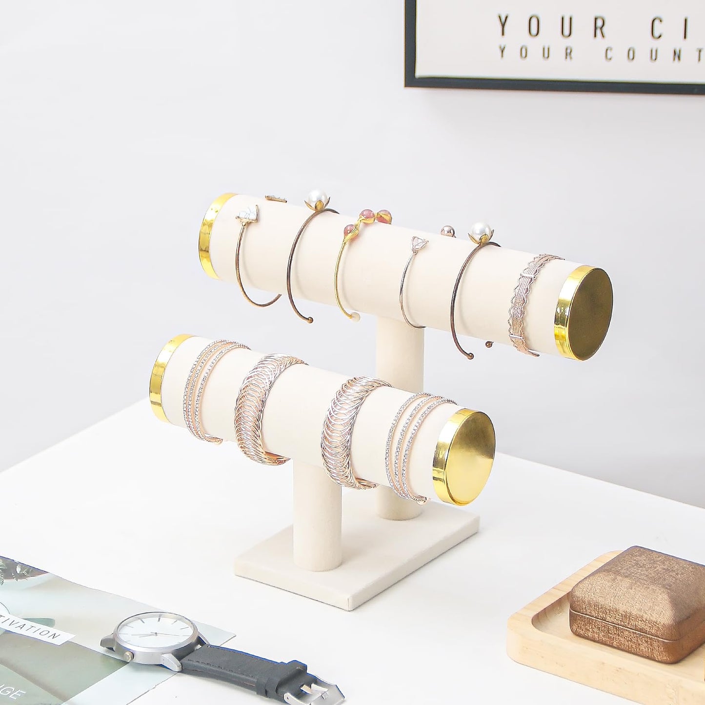 Justsoso 2 Tier Bracelet Holder Stand, Bangle Watches Display, Velvet Bracelet Jewelry Storage Organizer Rack, Hairband Scrunchie Show Tower Shop Selling or Home Use (Beige)