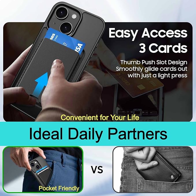 Ntwinro Magnetic for iPhone 15 Case (Compatible with MagSafe) with Detachable Wallet & Card Holder for 3 Cards [RFID Blocking] Military Grade Protective Slim Phone Cover, Black