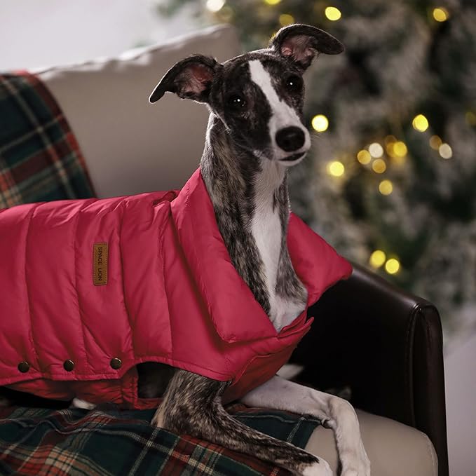 SPACE LION Dog Puffer Jacket, Down Winter Coat, Durable Outdoor Coat for Cold and Windy Conditions, Lightweight & Adjustable Fit Coats for Medium Dogs, (Red, Size14/L)