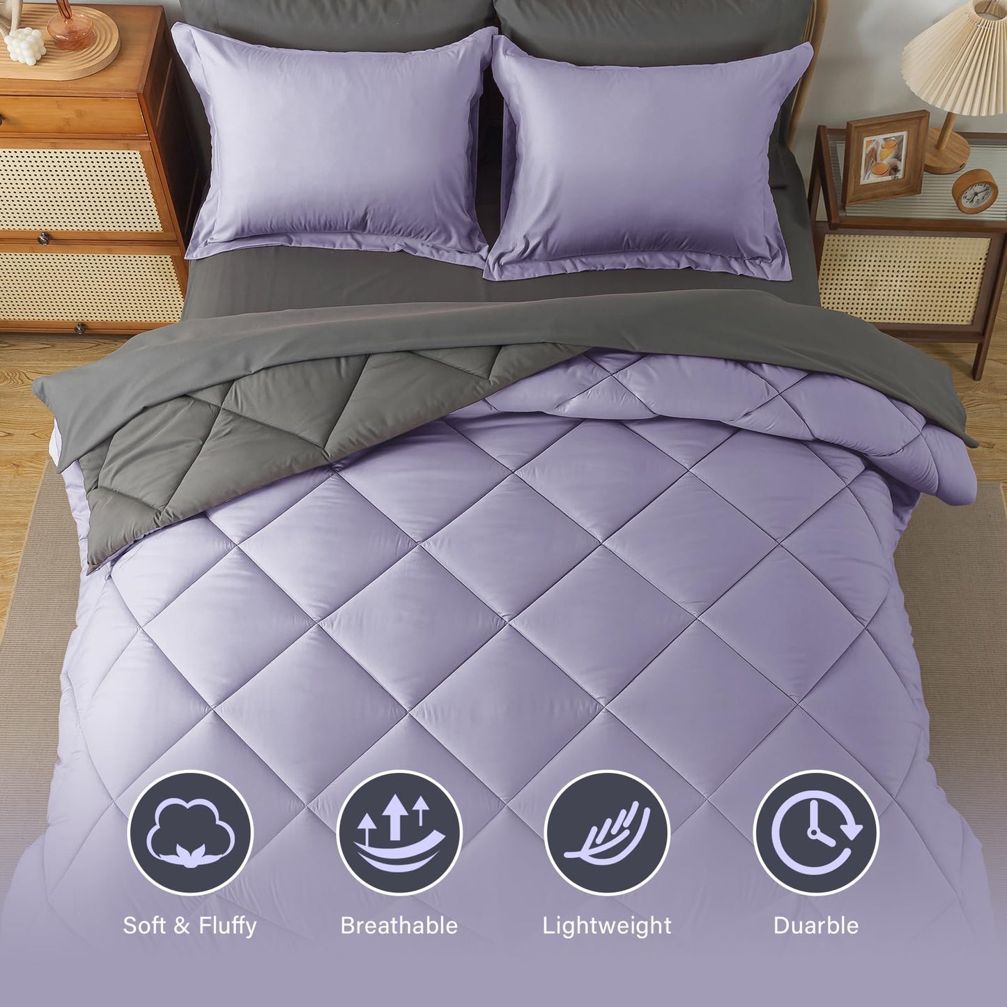 Cosybay Bed in a Bag Queen Reversible Comforter Sets 7pcs All Season Down Alternative Bedding Sets Lavender and Grey with Comforter, Pillow Shams, Flat Sheet, Fitted Sheet and Pillowcase