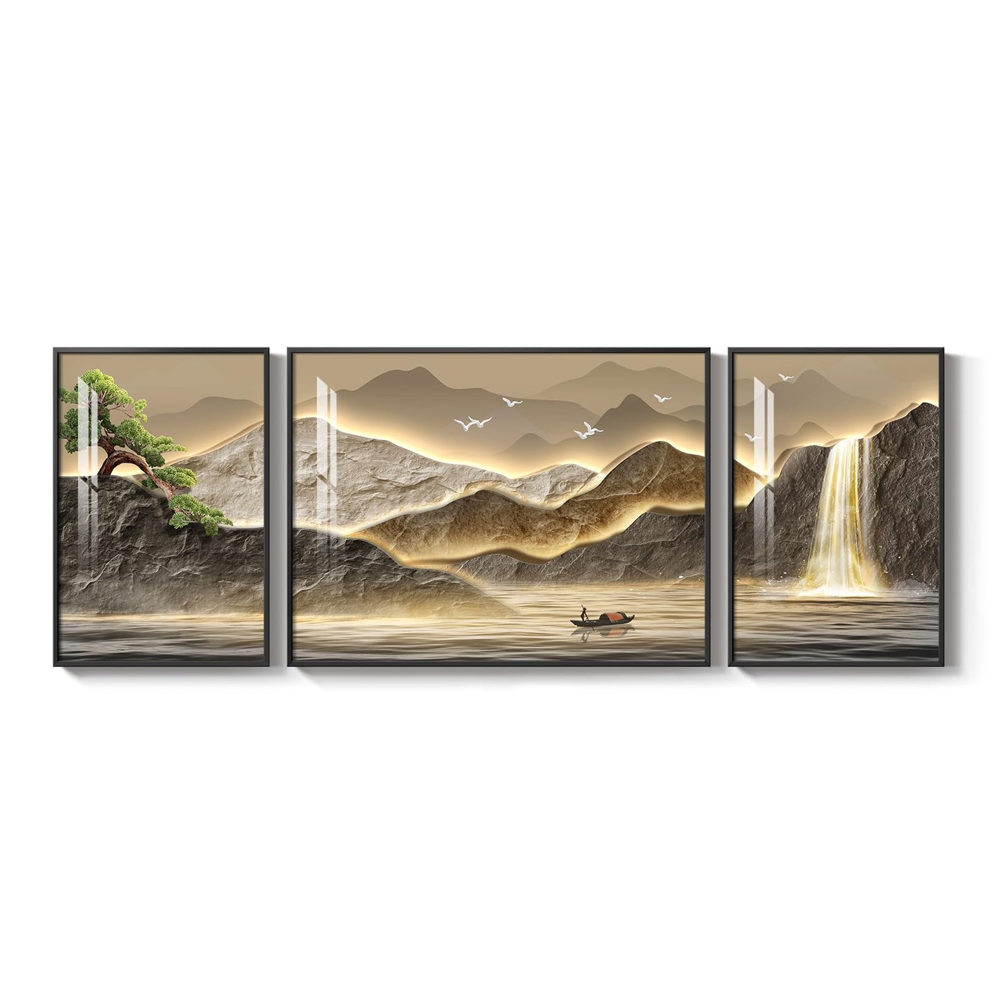 Framed Mountain Wall Art for Living Room, 3 Piece Brown Landscape Painting Prints, Modern Luxury Bright Style Pine Tree Waterfall Artwork for Dining Room,Hallway Office Wall Decor