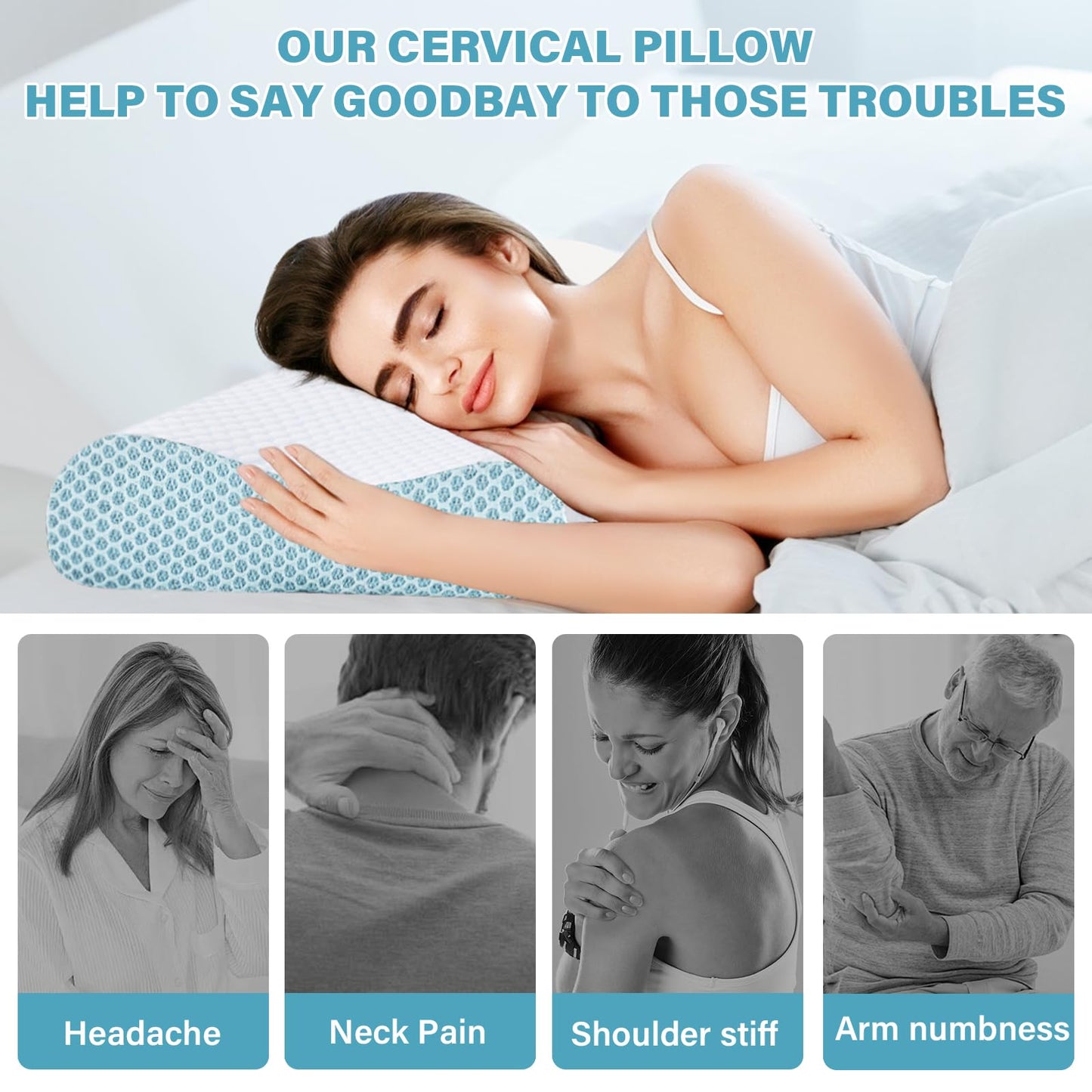 SUFOR 2 Pack Memory Foam Cooling Bed Pillows for Sleeping, Ergonomic Cervical Pillow for Neck and Shoulder Pain Relief, Adjustable Cold Pillow Set of 2,with Pillowcase（Blue）